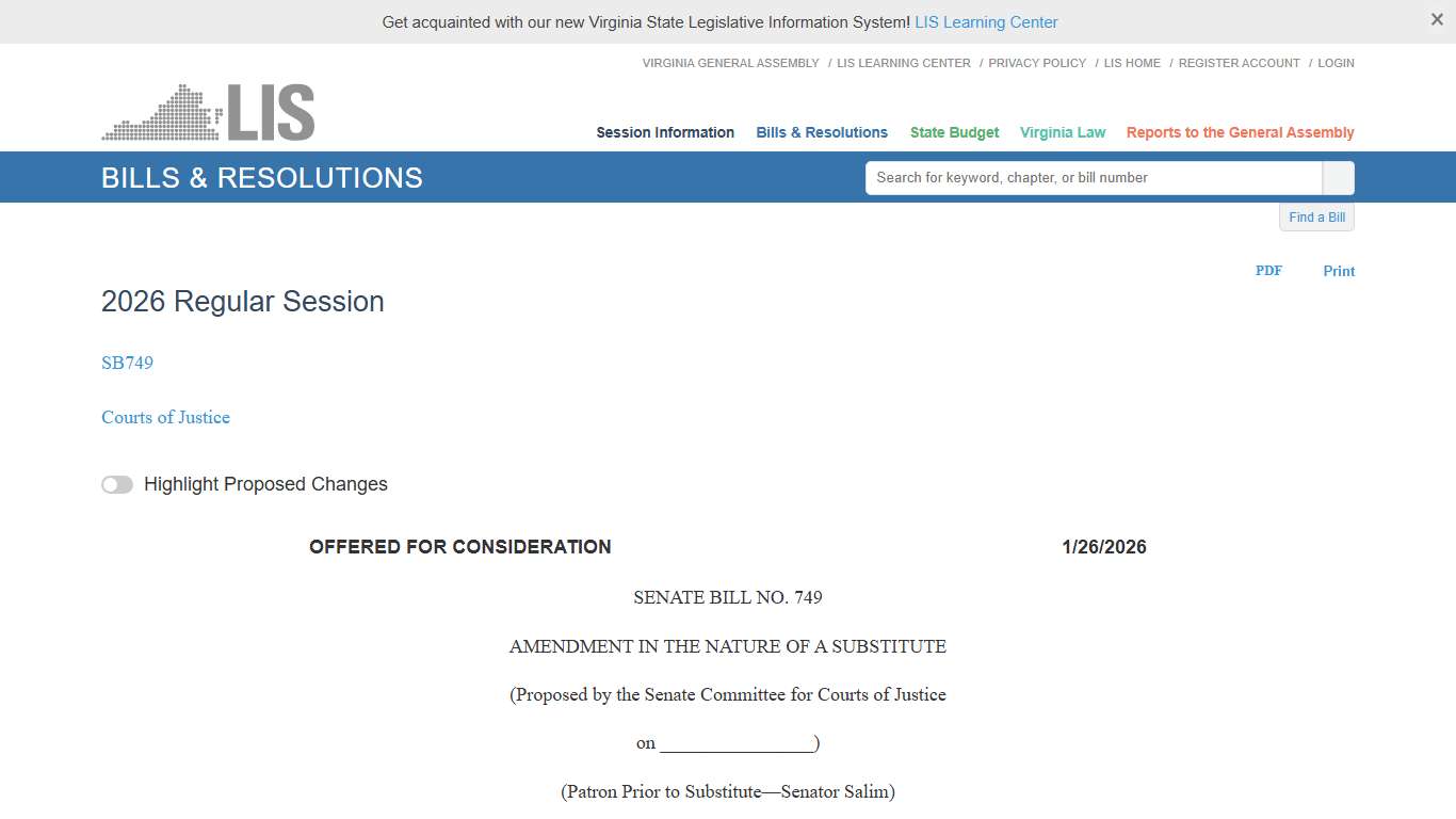 SB749SC1 - 2026 Regular Session LIS